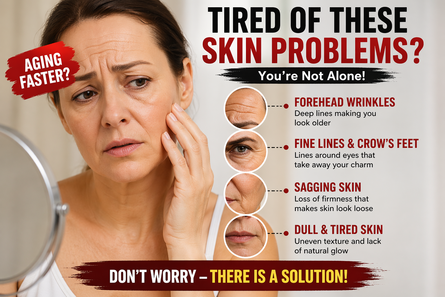 A woman concerned about wrinkles and sagging skin, showing common aging skin problems like fine lines and dull skin.