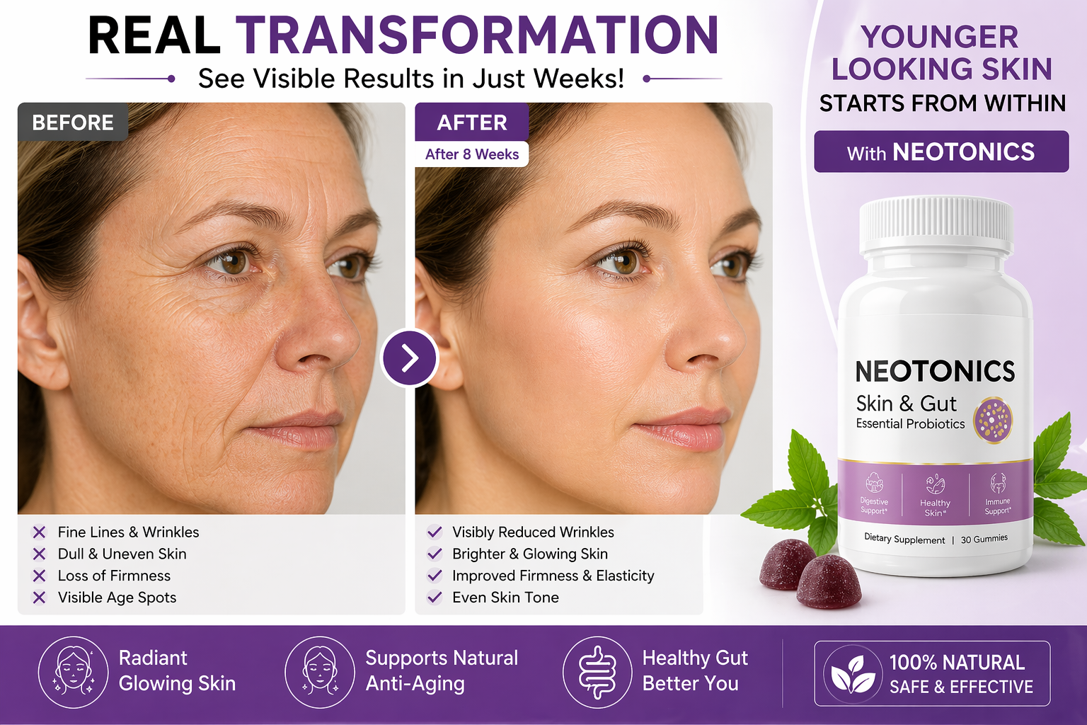 👉 Before and after skin transformation showing reduced wrinkles, smoother texture, and improved glowing skin after using anti-aging supplement.