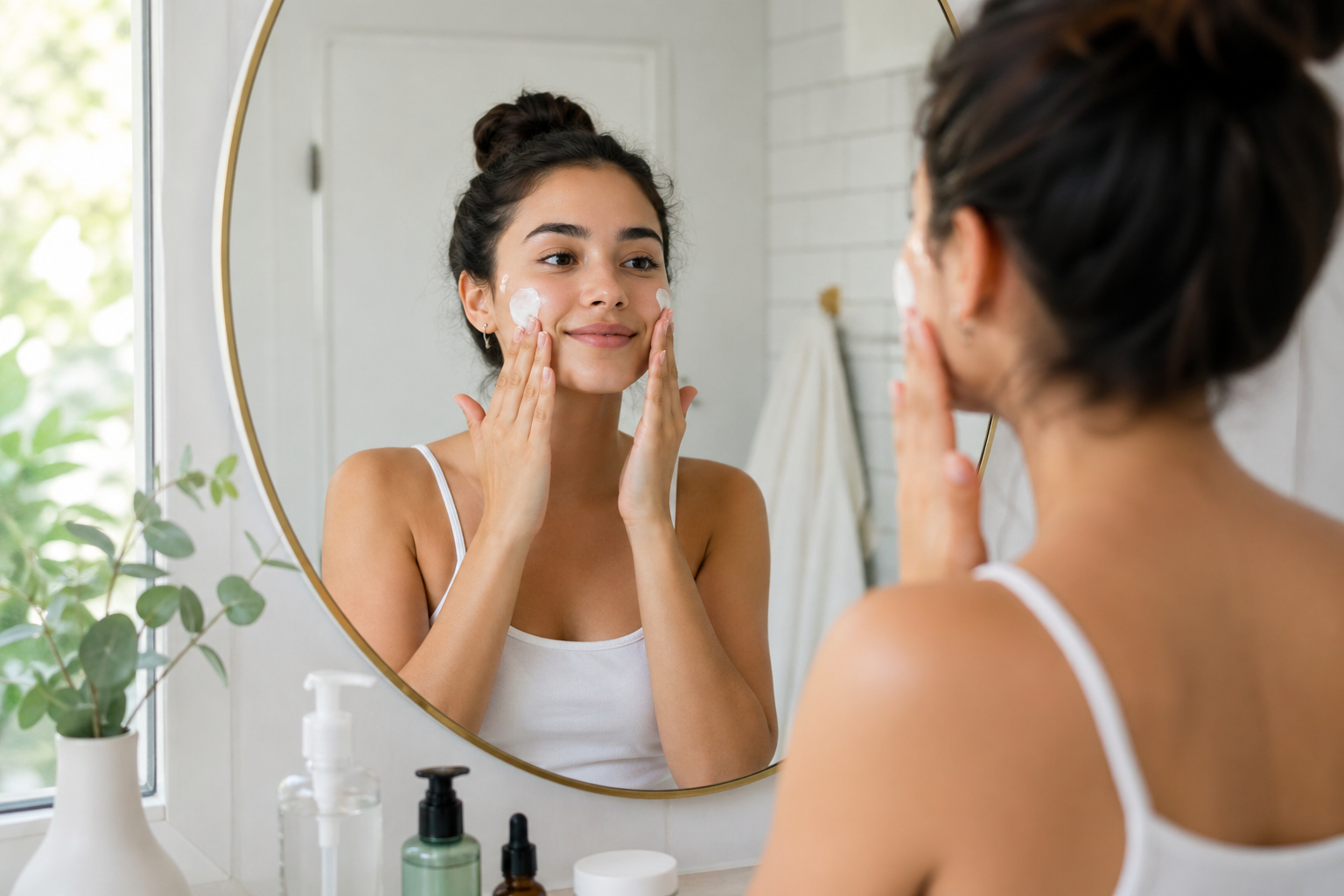 beginner skincare routine step by step applying moisturizer in front of mirror