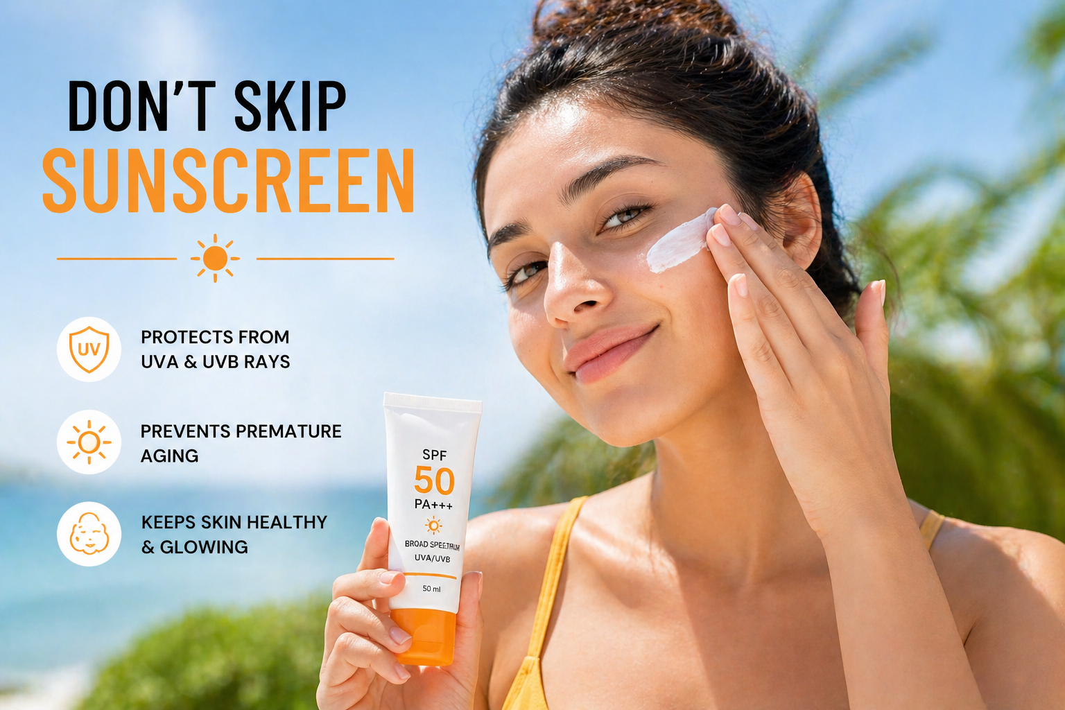 woman applying sunscreen on face outdoors SPF protection glowing skin routine