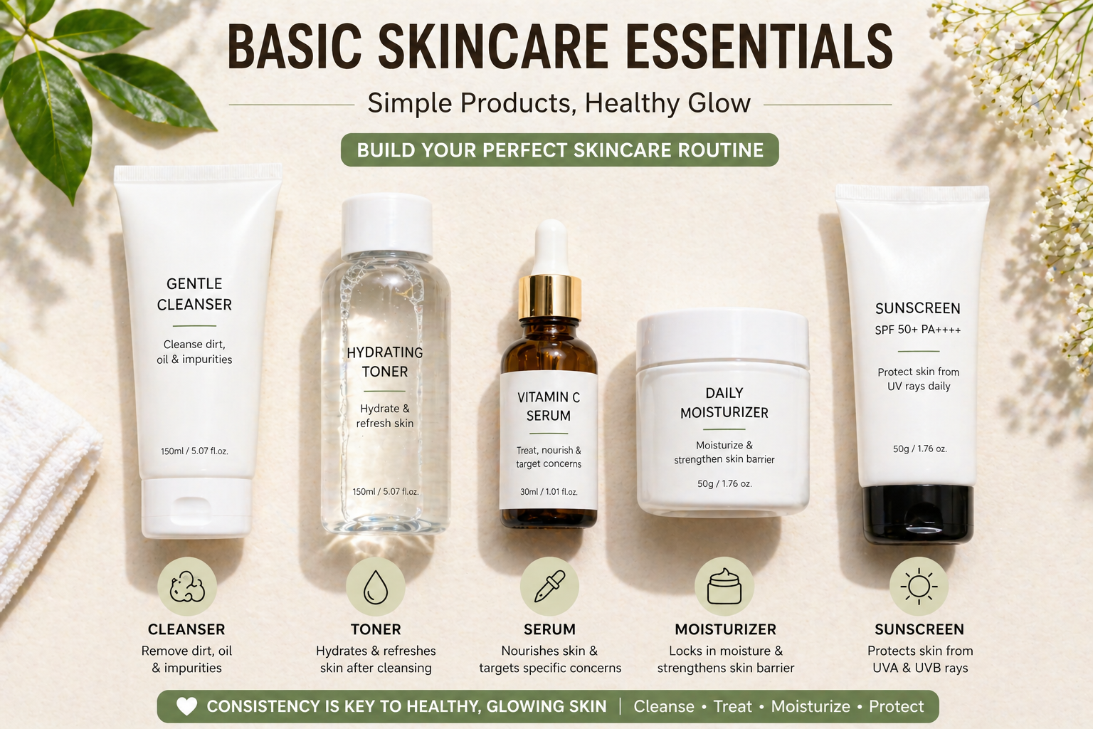 basic skincare routine products cleanser toner serum moisturizer sunscreen flat lay