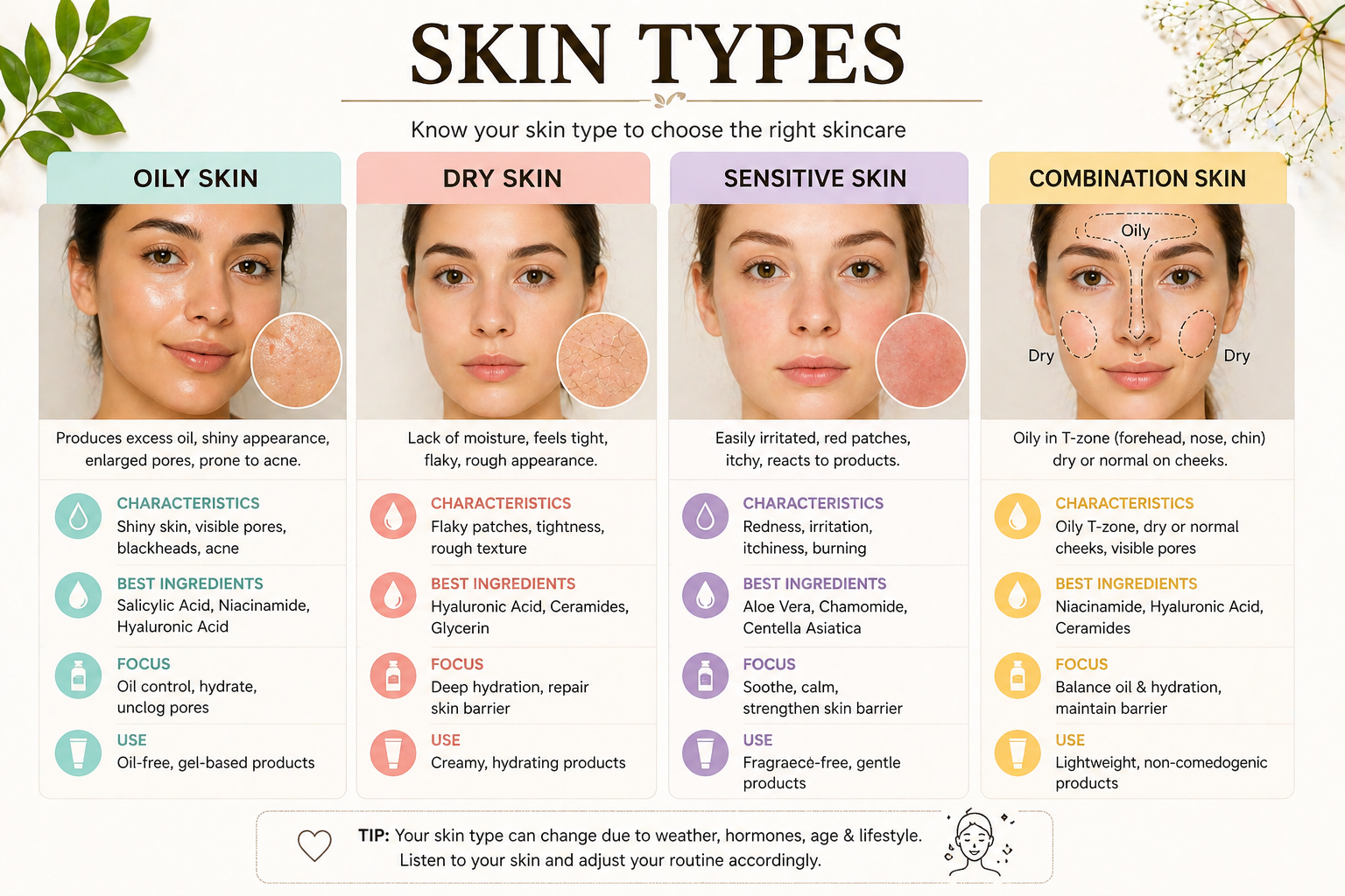 different skin types chart oily dry sensitive combination skincare guide