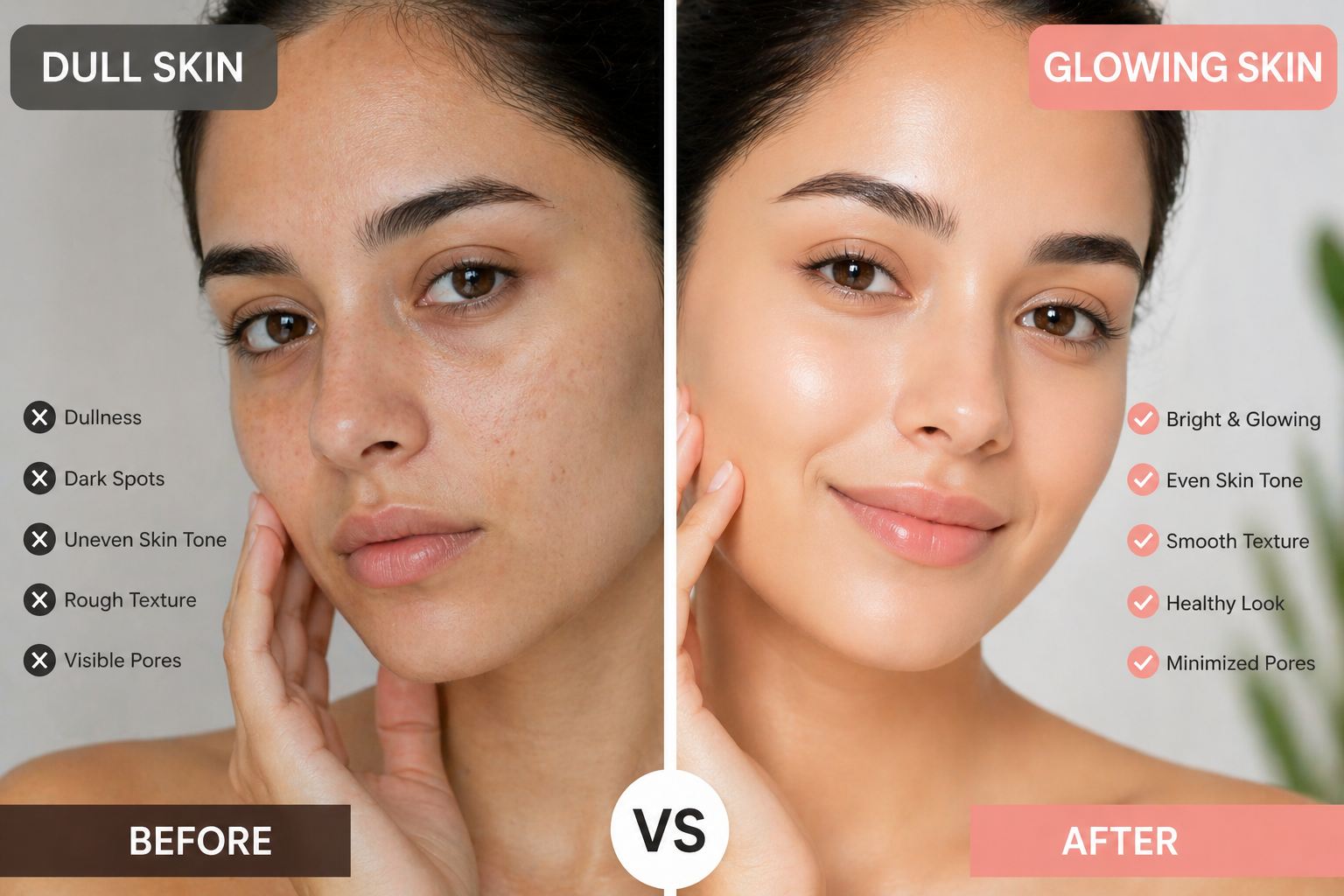 dull skin vs glowing skin before and after skincare routine results