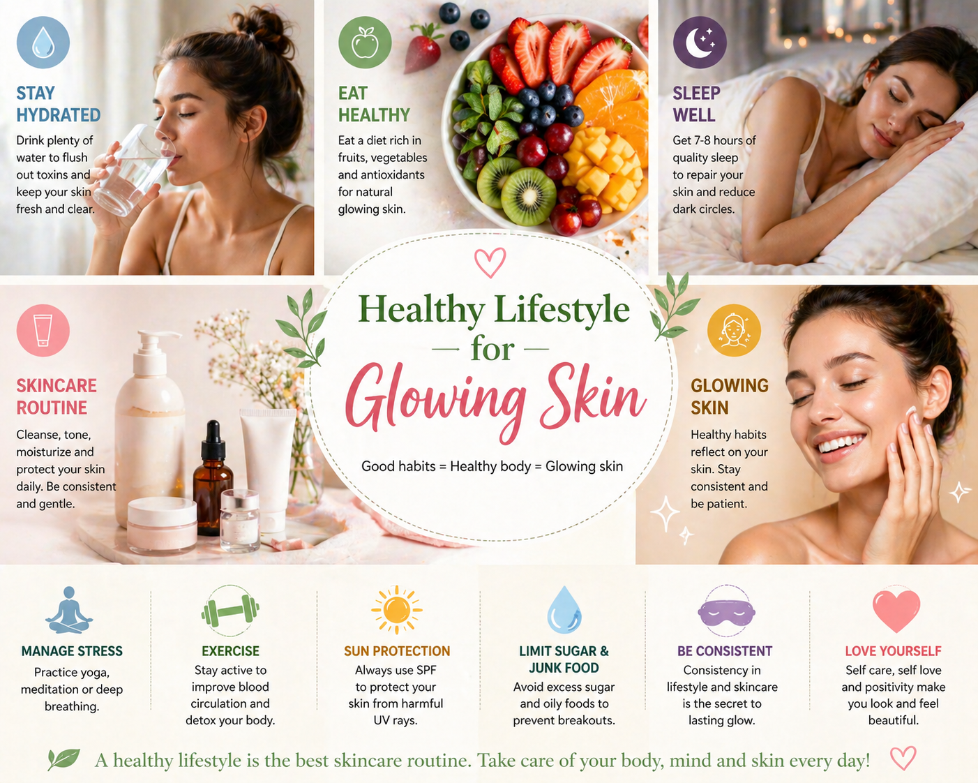 healthy lifestyle habits for glowing skin water fruits sleep skincare routine