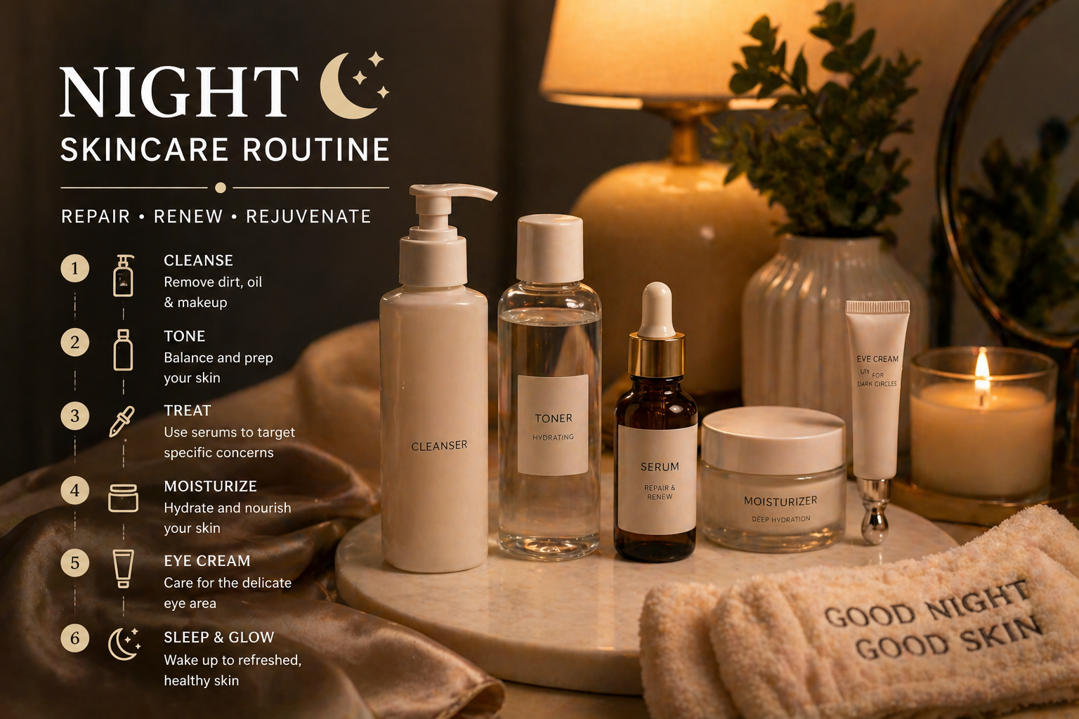 night skincare routine steps cleanser toner serum moisturizer night routine setup