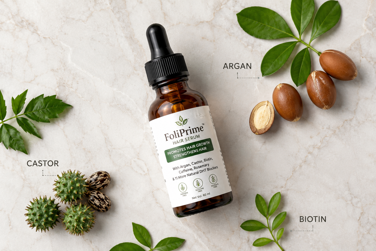 FoliPrime hair serum bottle with argan, castor, and biotin ingredients on marble surface