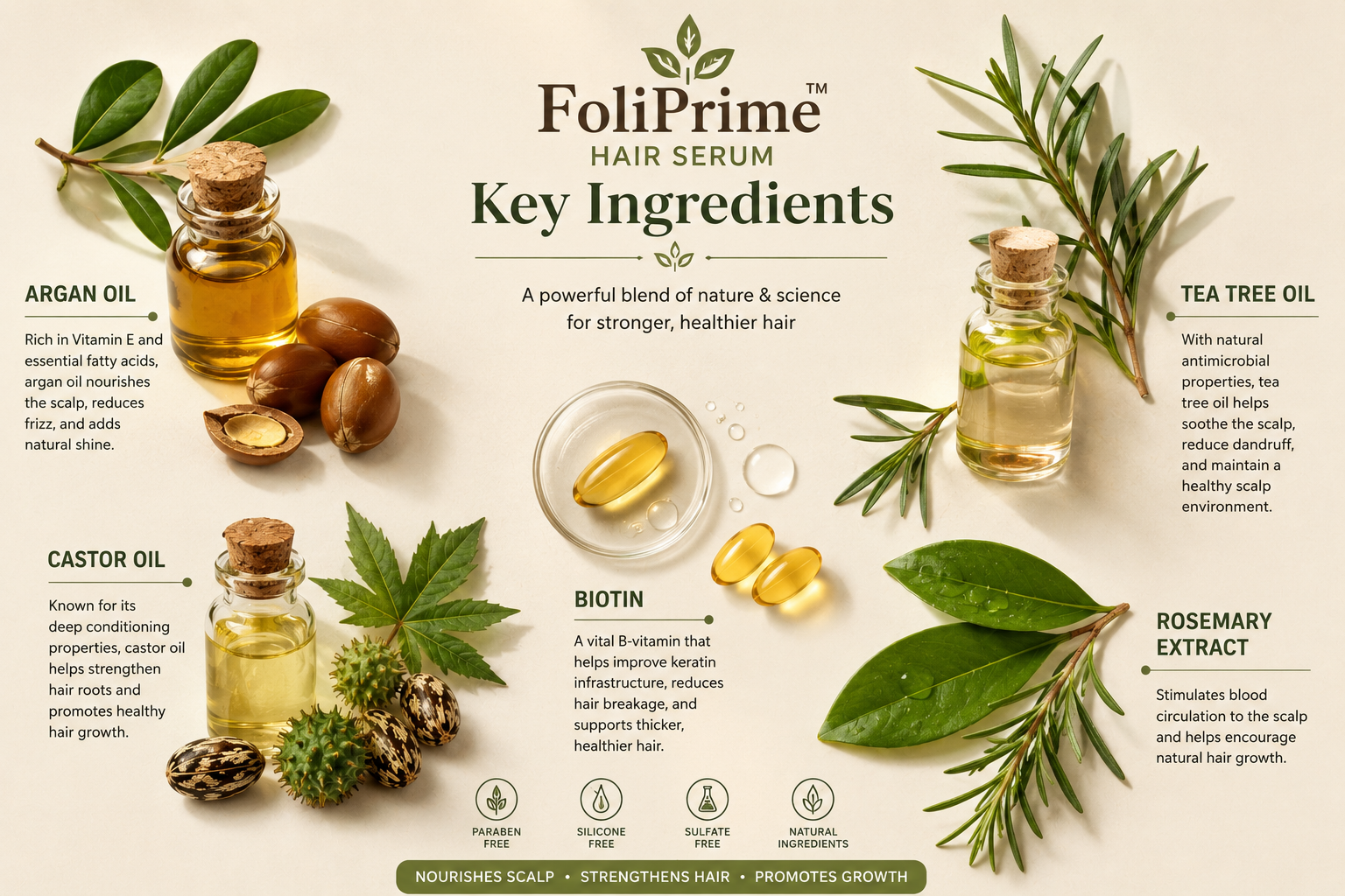 Infographic showing FoliPrime hair serum ingredients including argan oil, castor oil, tea tree oil, rosemary extract, and biotin