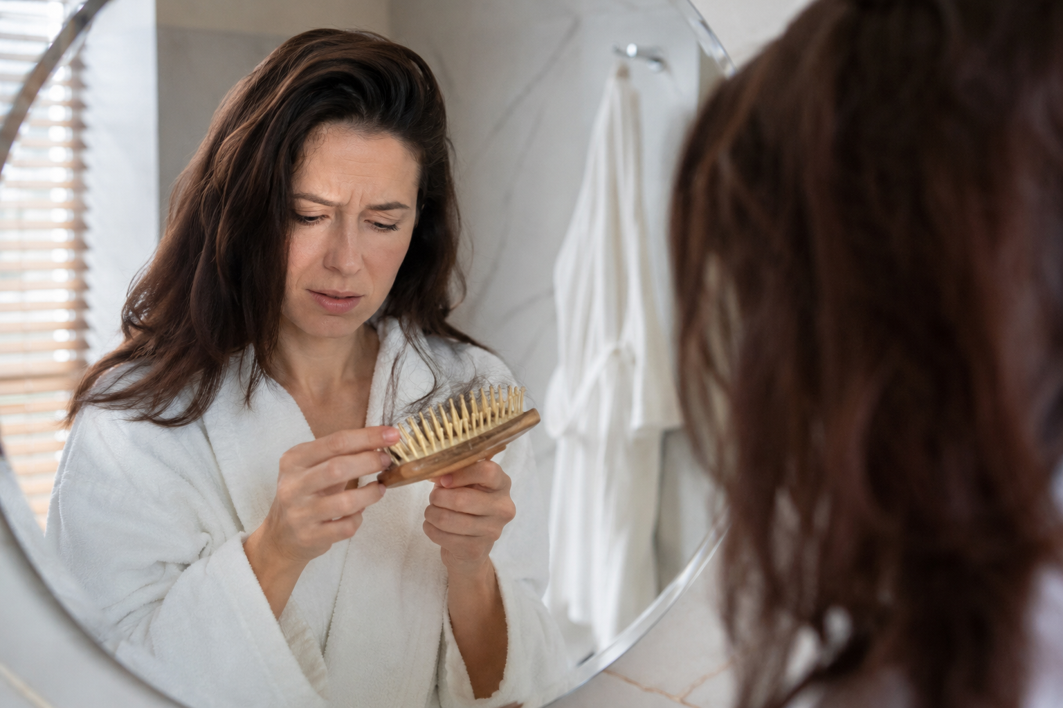 Worried woman checking hair strands on hairbrush in bathroom mirror